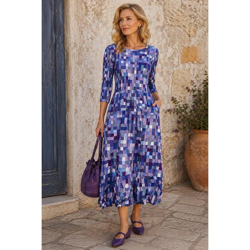 ALQUEMA Smash Pocket Dress Deppo 3/4 Sleeve Shibori Pleated Midi Size 1 NWT Art